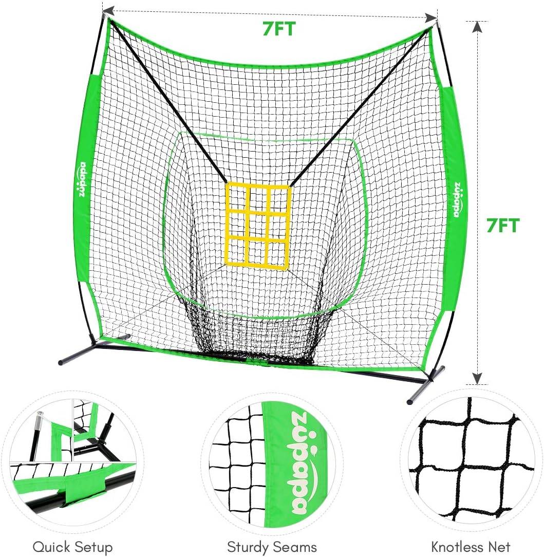 Zupapa 7 by 7 Feet Baseball Softball Hitting Pitching Net with Strike Zone, Baseball Backstop Practice Net for Batting Catching for All Skill Levels