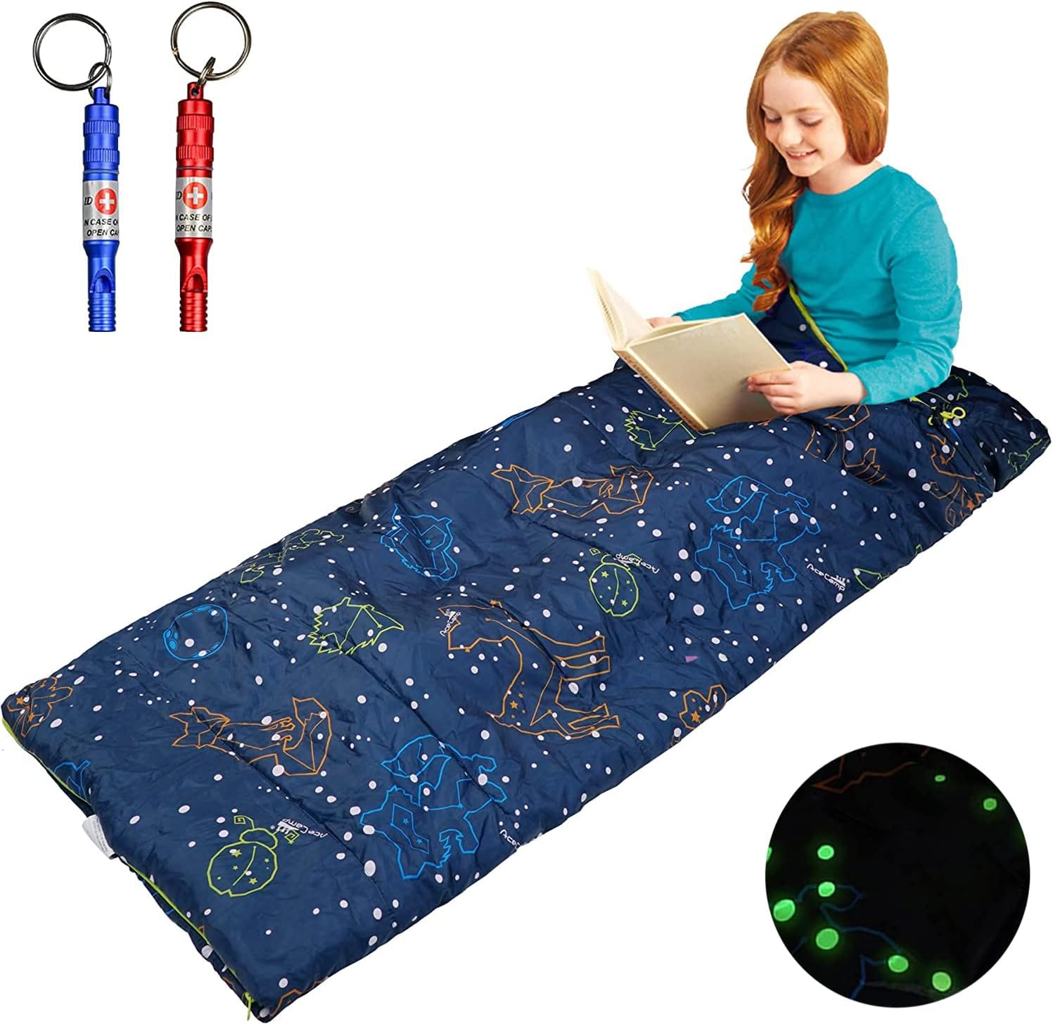 Acecamp Sleeping Bag,Outdoor,Travel,Camping,Hiking,0 Degree Sleeping Bag for Kids Teenagers Youth Sleeping Bag, Glow in The Dark