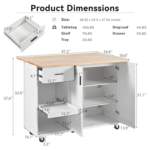 55.7'' Large Kitchen Island with 2 Drop Leaf, Rolling Kitchen Cart on 5 Wheels with Power Outlet