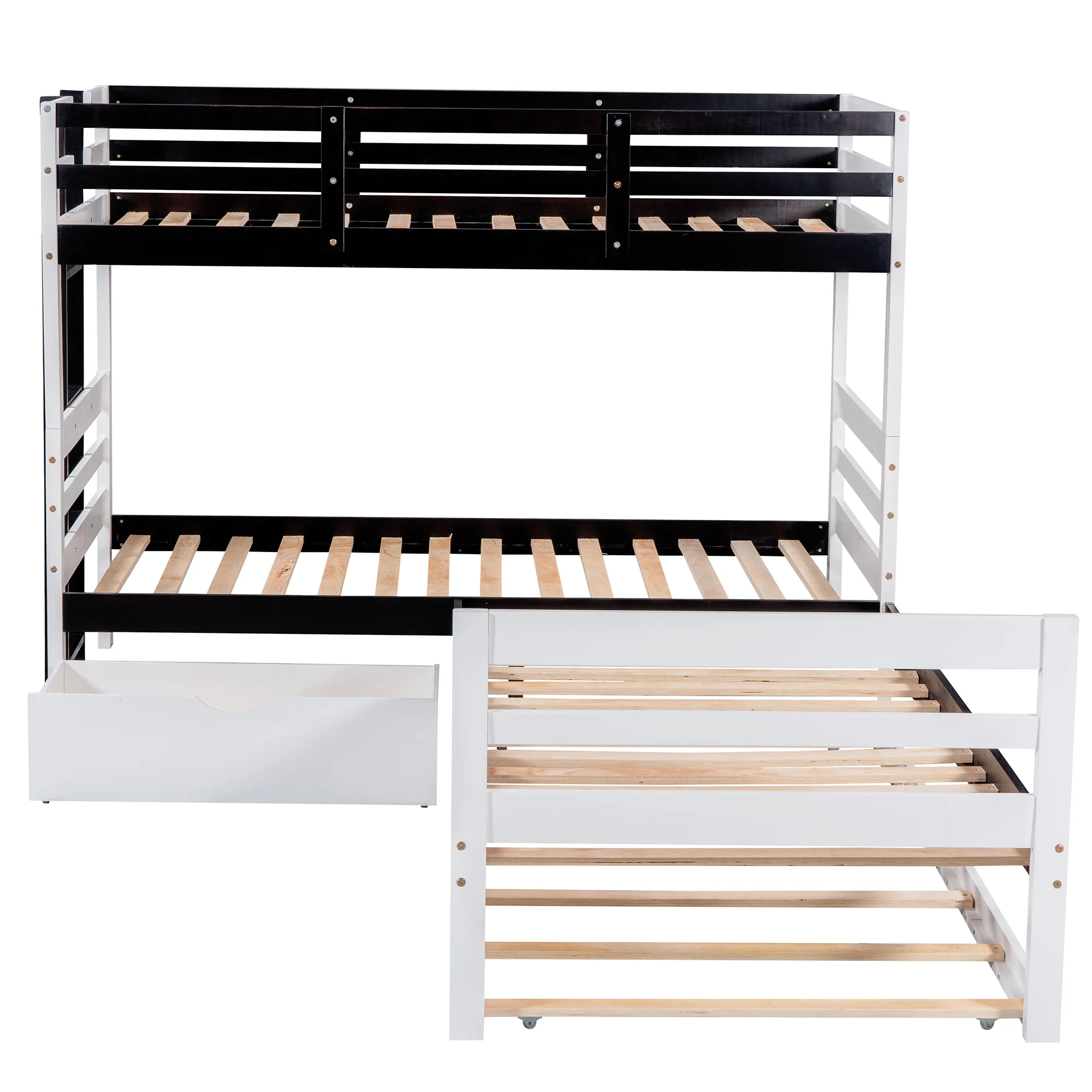 L-Shaped Twin Bunk Bed and Platform Bed with Trundle and Drawer, White - Curated Treasures Market