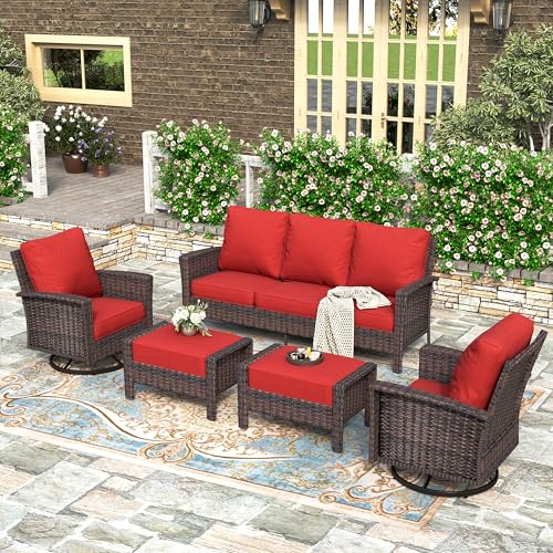 HERA'S HOUSE High Back Patio Furniture Set with Swivel Chairs, Outdoor Wicker Conversation Sets with 5.5" Comfy Cushions, 4 Piece Outside Sofa Sets