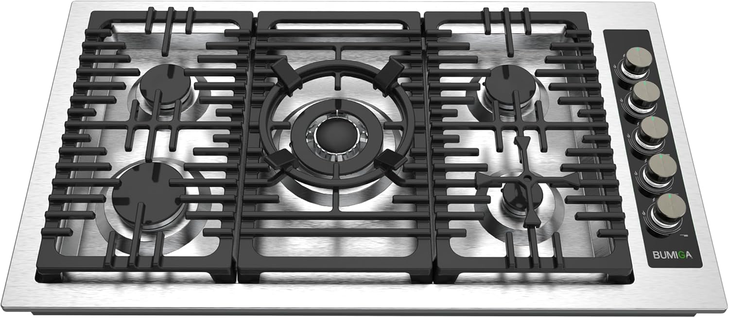36 In Gas Cooktop Stainless Steel White LED knobs, 270 degree valve, Pot rack, 5 Italy SABAF Sealed Burners counter-Top Cooker, Cast Iron Grate