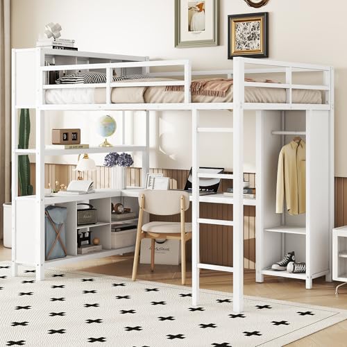 Bellamave Metal Loft Bed with Wardrobe and L-Shaped Desk, Full Size Loft Bed with Storage Cubes and Shelves, Heavy Duty LoftBed for Kids Teens Adults
