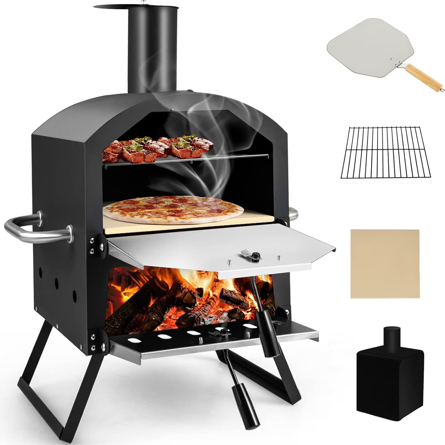 Giantex Outdoor Pizza Oven Wood Fired, 2-Layer Pizza Maker with Pizza Stone, Pizza Peel, Removable Cooking Rack, Waterproof Cover, Folding Legs