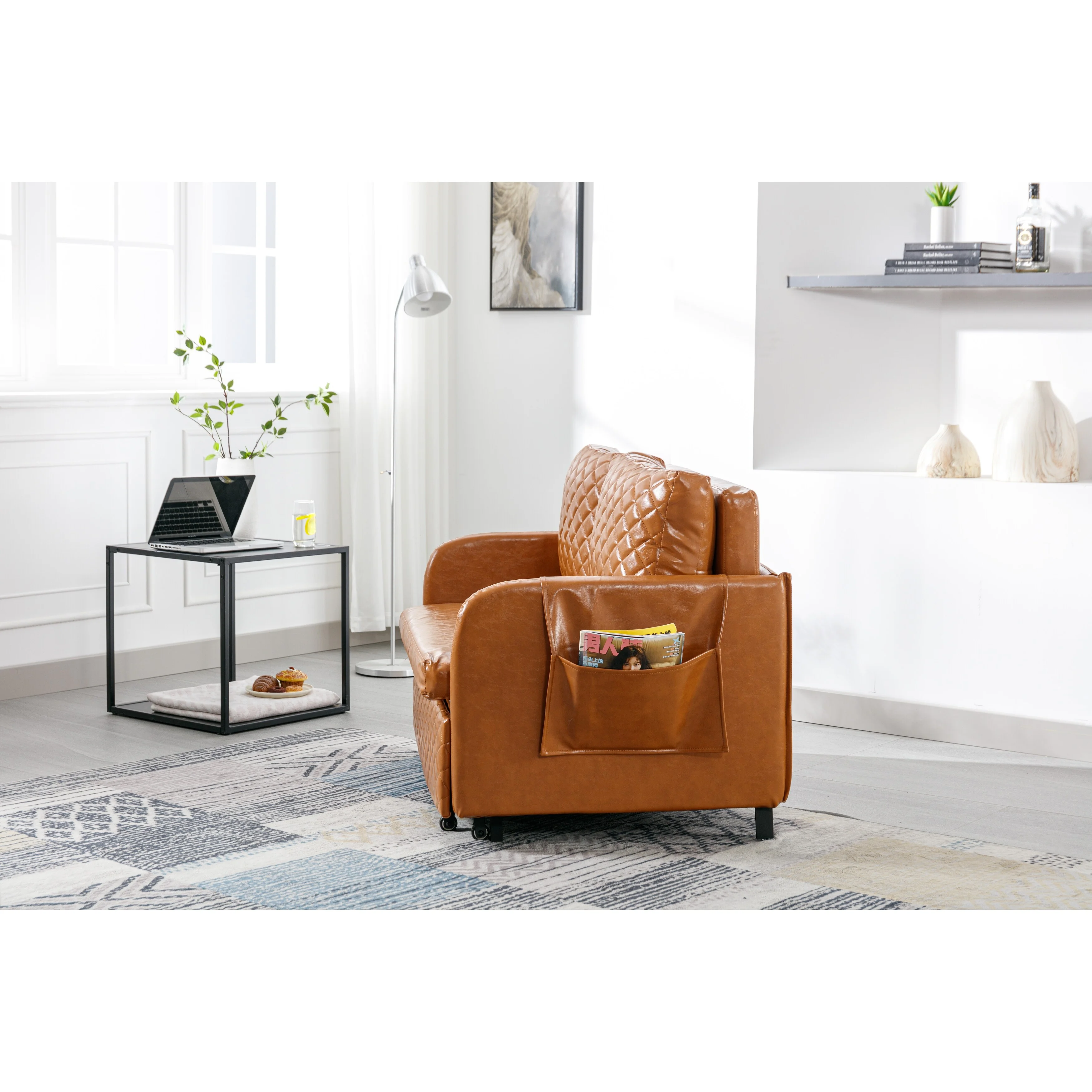 47.64" Modern Convertible Sleeper Loveseat Sofa Bed with Headboard, Pull-Out Function, 2 Pillows, and Side Pockets