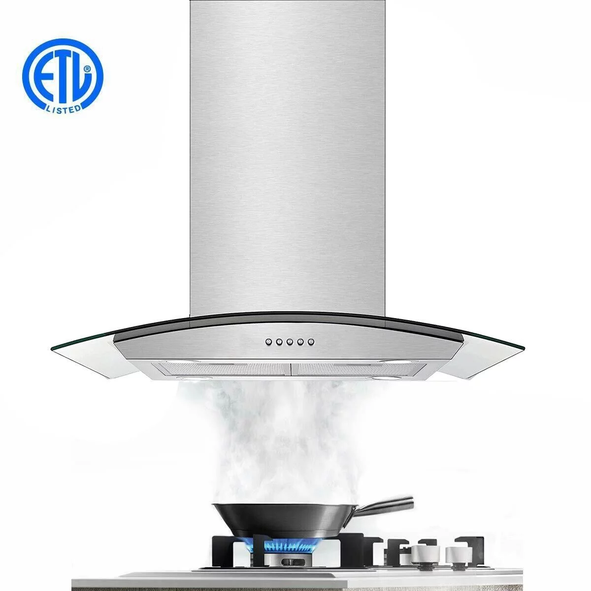 30 inch Island Mount Range Hood 900CFM  Tempered Glass 3-Speed Vent Hood Stainless Steel Dishwasher
