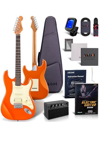AKLOT Stryde Electric Guitar with Coil-Split: Roasted Maple Neck, Flame Maple Graphic Top, HSS Ceramic Pickups, Beginner Guitar Kit with 10W Amp