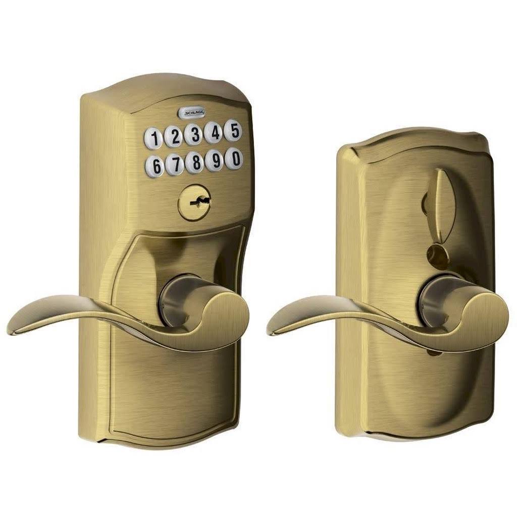 Schlage FE595 CAM/ACC Camelot Keypad Flex-Lock Entry Leverset with Accent Lever Antique Brass