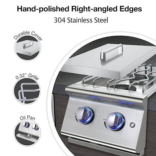 Double Grilling Side Burners for Outdoor Kitchen, 2 * 15,000BTU Liquid Propane Burners, Duty Heavy 304 Stainless Steel, with Natural Gas Kit