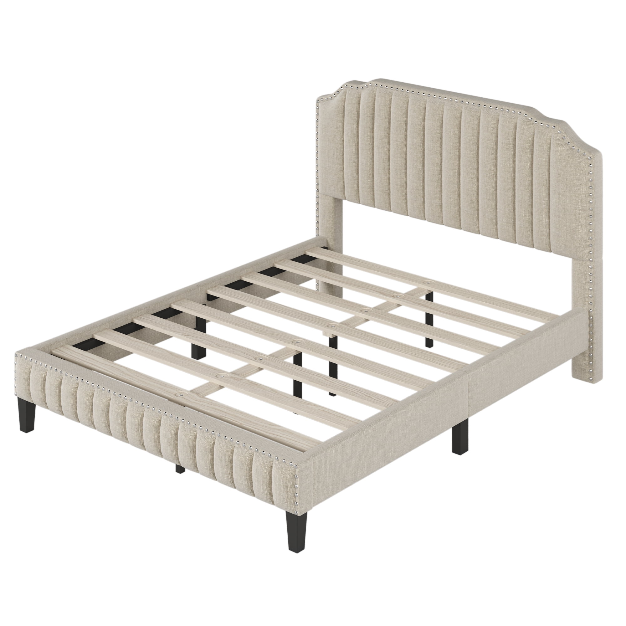 Inofia Modern Linen Curved Upholstered Platform Bed , Solid Wood Frame , Nailhead Trim, Beige (Queen) - Radiant Selections