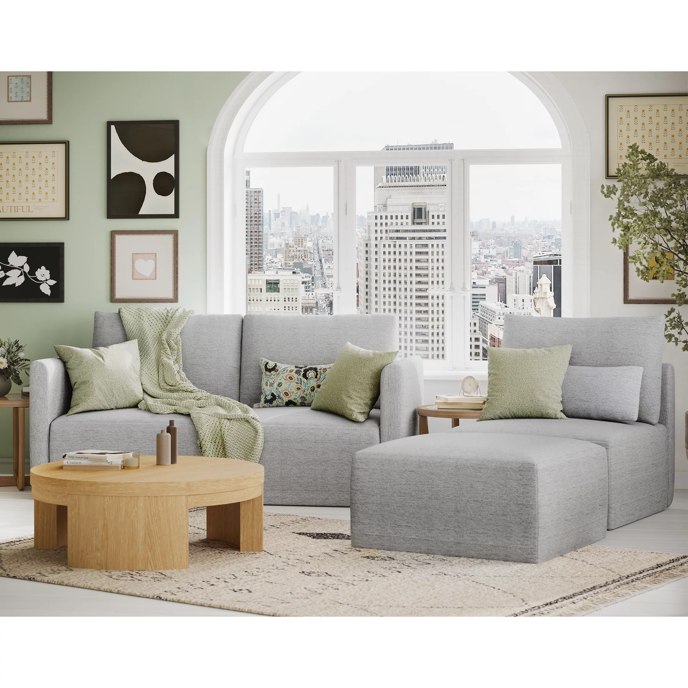 Beautiful Drew Modular Sectional Sofa with Ottoman by Drew Barrymore, Gray Fabric