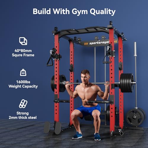 Sportsroyals Power Cage,1600lbs Multi-Function Power Rack with Adjustable Cable Crossover System and More Training Attachment