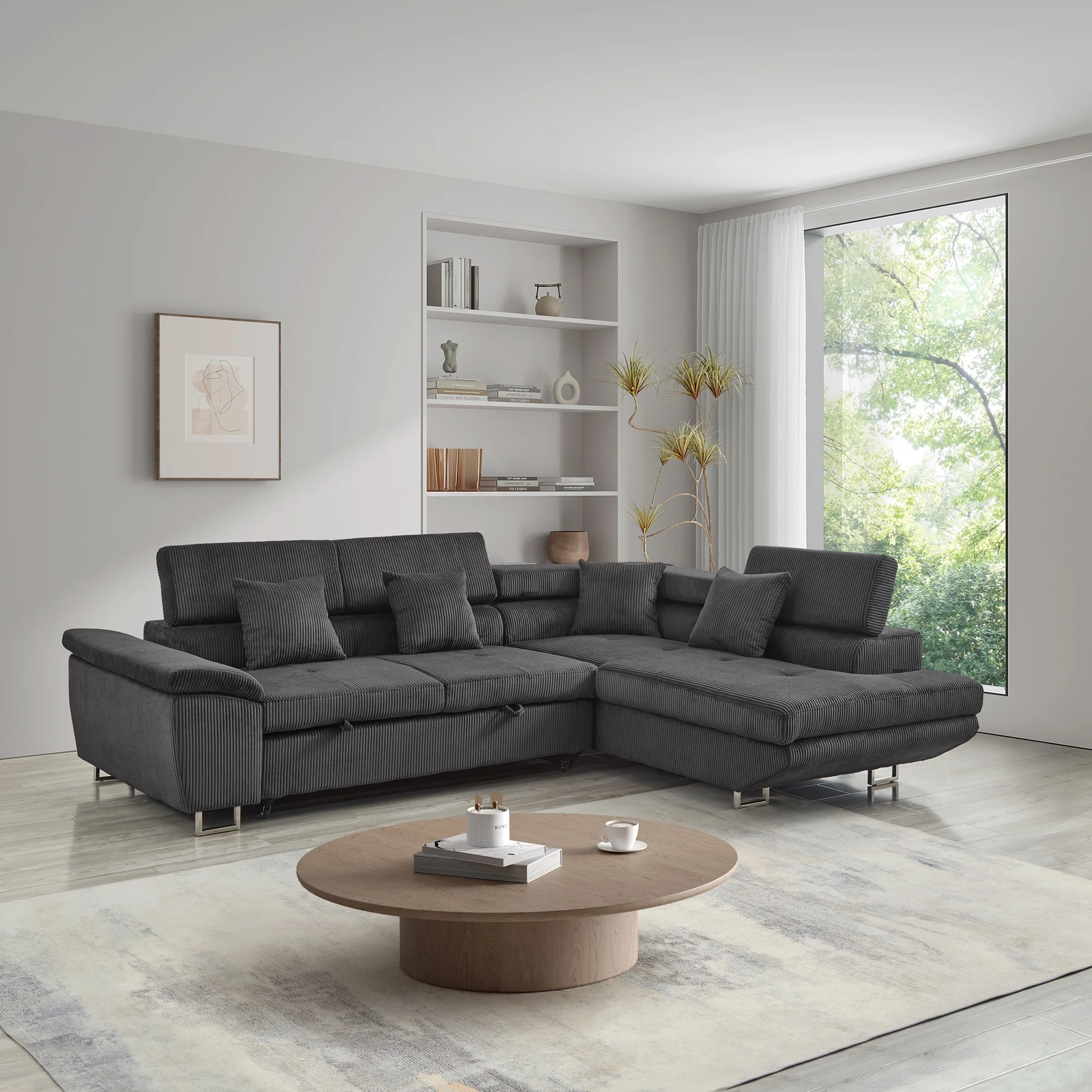 Noodeniya Corner Sofa Couch Pull-Out Bed with Storage Chaise, Convertible Sleeper Sofa Bed, L Shaped Corduroy Right Corner Couch for Living Room
