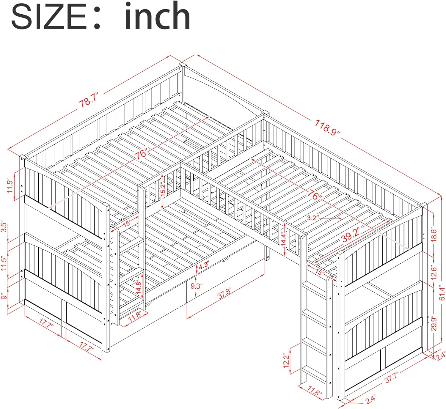 Twin over Twin L-Shaped Triple Bunk Beds with 2 Storage Drawers and 2 Ladders, Wooden Bunk Beds with a Loft Attached for 3 Kids Teens, Gray