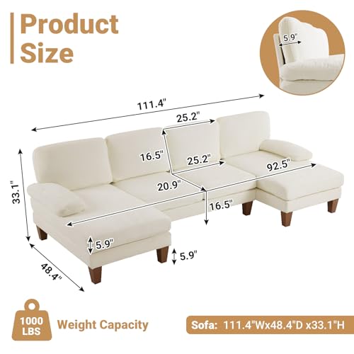 VINGLI 110" Sectional Couches for Living Room,U Shaped Couch with Double Chaise, 4-Seat Sofa Set with Chenille Fabric for Home Furniture,Forest Green