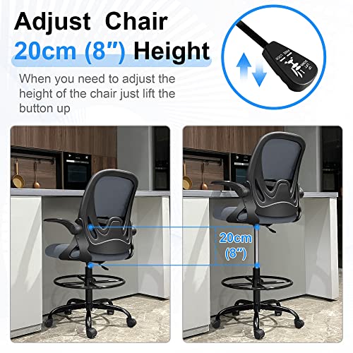 Primy Drafting Chair Tall Office Chair with Flip-up Armrests Executive Ergonomic Computer Standing Desk Chair with Lumbar Support and Adjustable