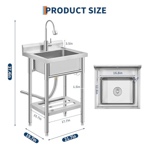Commercial Stainless Steel Utility Sink with Faucet, Freestanding Laundry Sink with Adjustable Legs, Storage Shelf, Hooks, Backsplash