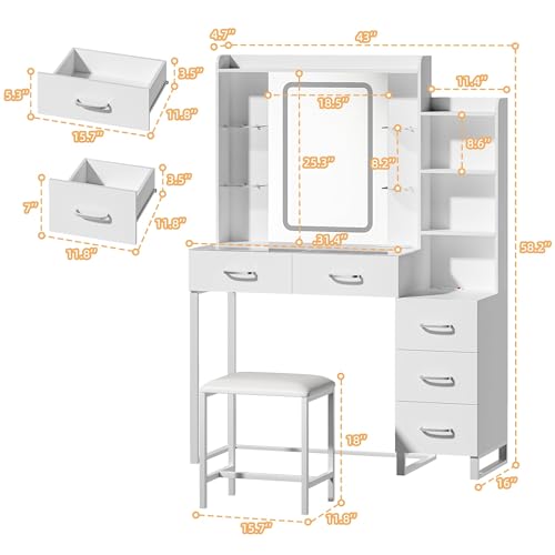 Vanity Desk with Mirror and LED Lights, 43" Makeup Vanity with Glass Top & Wireless Charging, Vanity with RGB Drawers, 3 Colors Light
