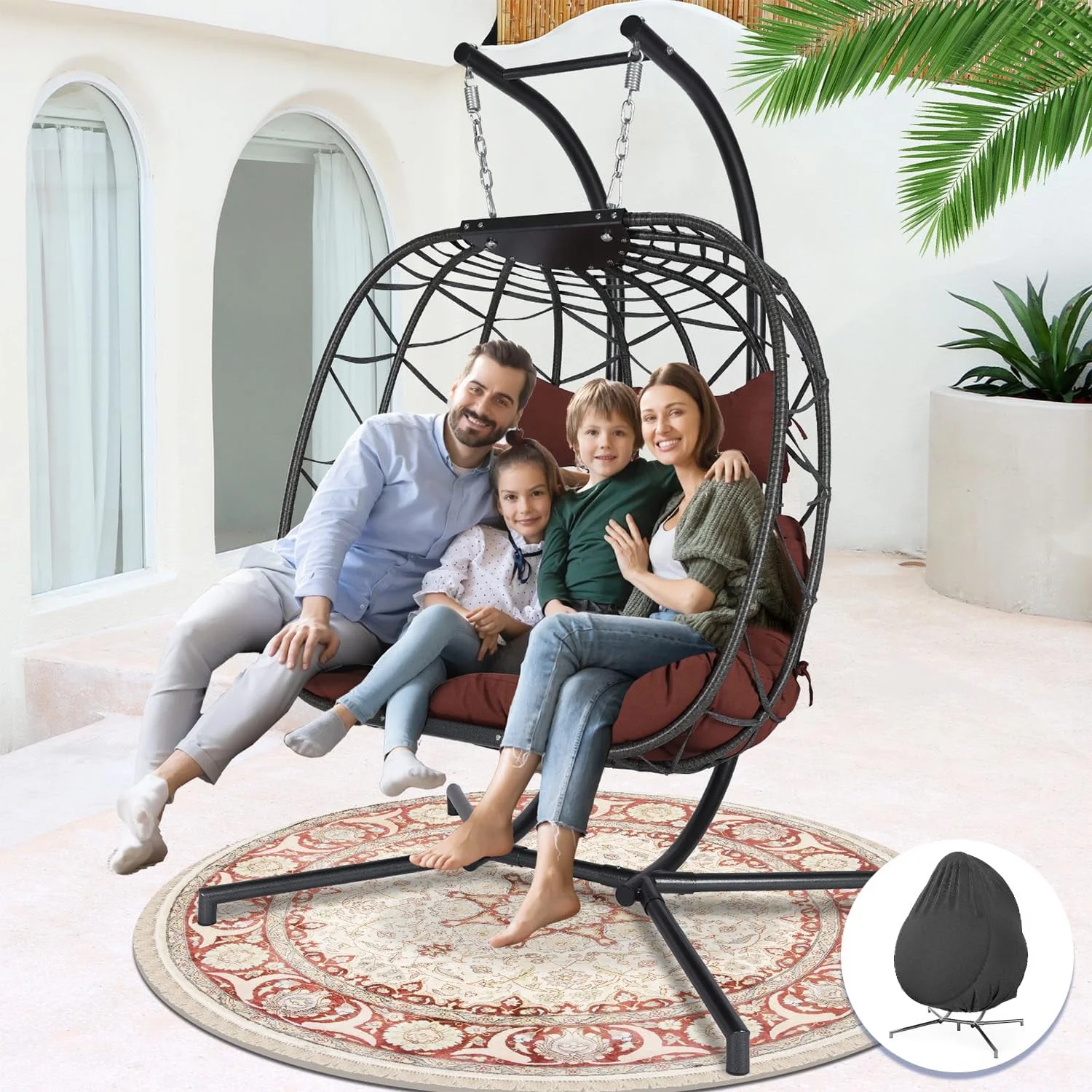 NICESOUL 2 Seater Egg Swing Chair with Stand 2 Person Indoor Outdoor Gray Swing Hanging Chair Two Person Burgundy Olefin Cushion Large Luxury 510Lbs