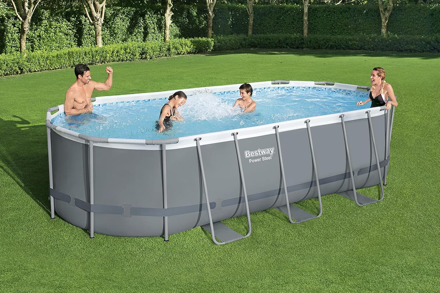 Bestway 56711E Power Steel 18' x 9' x 48 Outdoor Oval Frame Above Ground Swimming Pool Set with 1500 GPH Cartridge Filter Pump, Cover, & Ladder, Gray