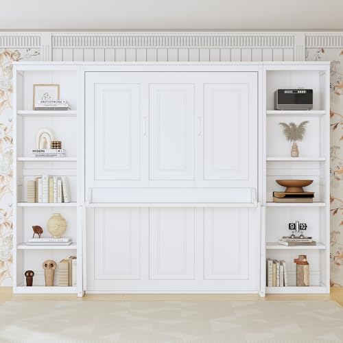 SOFTSEA Full Size Murphy Bed with Desk and Shelves, 110" Solid Folable Platform Bed with Double Storage Cabinets