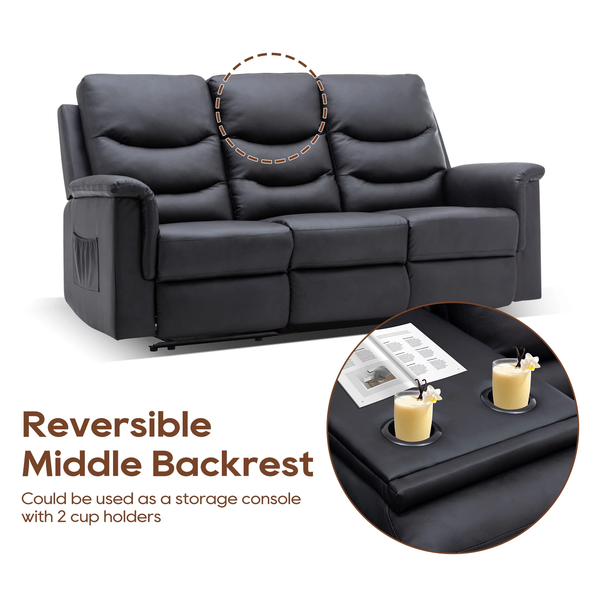 Reclining Sofa, 3 Seater Sofa Recliner with Flipped Middle Backrest, PU Leather Reclining Sofa with 2 Cup Holders and Console Slate