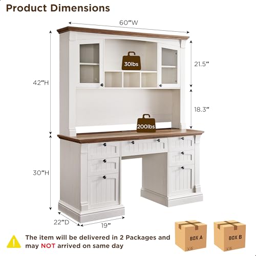 OKD 60" Executive Desk with Drawers, Farmhouse Home Office Desk with Charging Station, Keyboard Tray, File Cabinet Storage