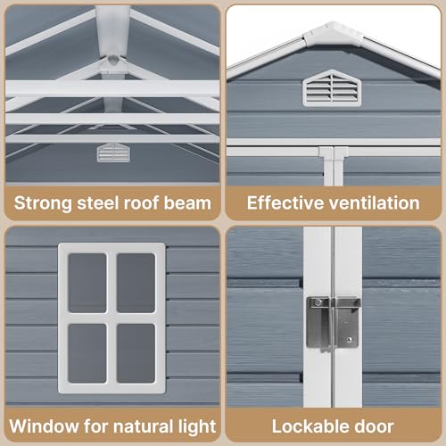 Gizoon 6x4 FT Outdoor Storage Shed with Floor, Resin Garden Tool Shed with Lockable Doors, Window, Vents, Reinforced Steel Frame