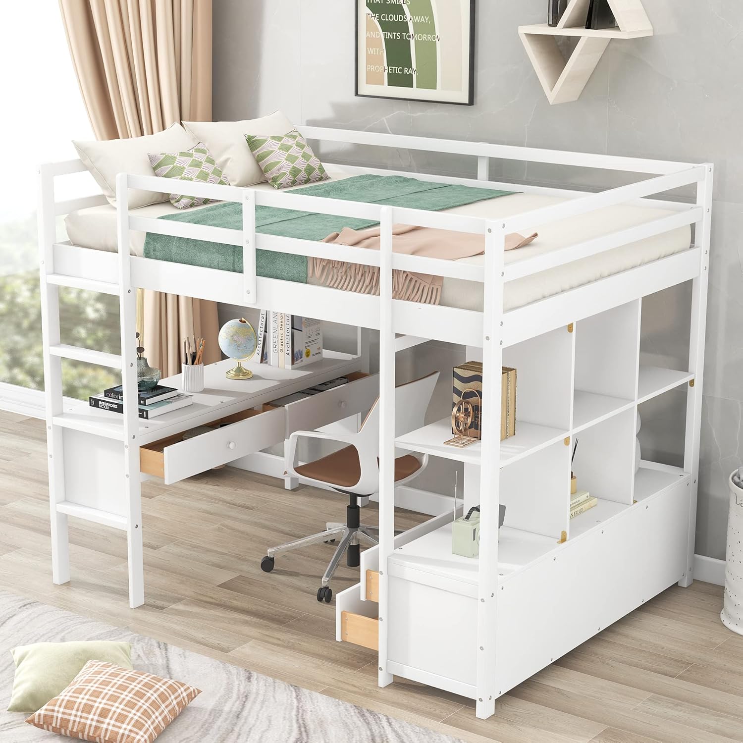 Full Size Loft Bed with Built-in Desk, Space Saving Loft Bed with Two Drawers, Storage Shelves and Drawers