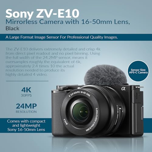 Sony ZV-E10 APS-C Mirrorless Interchangeable Lens Vlogging Camera with 16-50mm Lens, Black - Bundle with 64GB SD Card, Shoulder Bag, 40.5mm Filter Kit