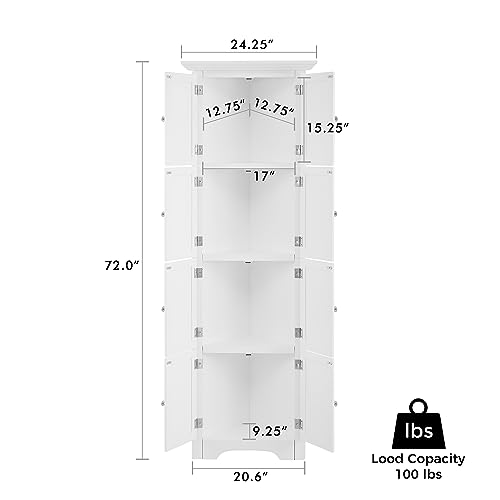 72" Tall Corner Cabinet, Corner Storage Cabinet with Doors and 4 Shelves