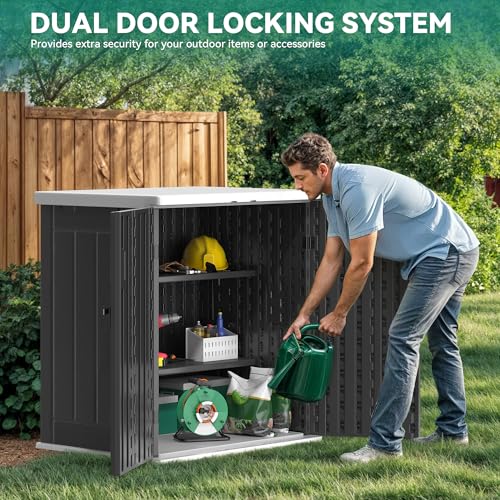YITAHOME Outdoor Storage Cabinet with 2 Shelves, Waterproof Resin Horizontal Tool Shed, Lockable 15 cu. ft. Storage Shed for Patio, Garden, Yard