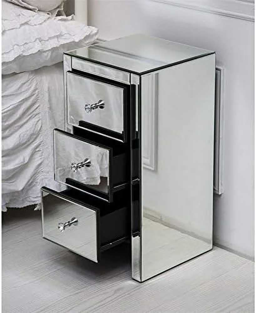 RUNFAYBIU Mirrored Nightstand  Mirrored End Table with 3 Drawers and Crystal-Style Knobs   Mirrored Bedside Table for Bedroom  Living Room  Small
