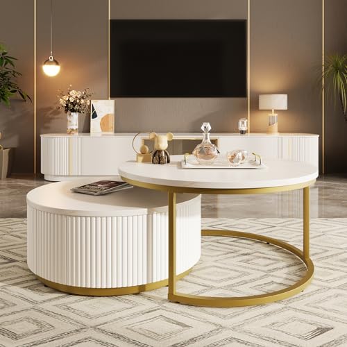 Round Nesting Coffee Table Set of 2 with Drawers, Stacking Sofa Side Furniture w/White Glossy Marble Veneer Top, Gold Frame, Fluted Design