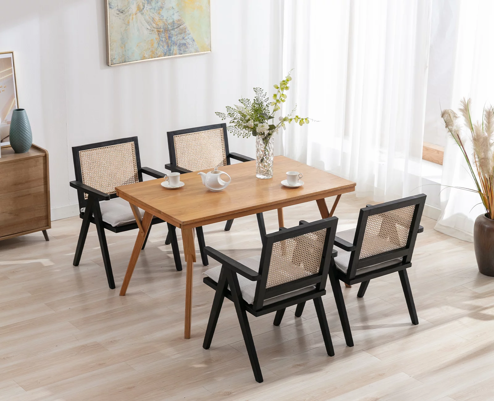 Guyou Modern Rattan Dining Chair Set of 2, Mid-century French Farmhouse Upholstered Solid Wood Armchair Reading Chair