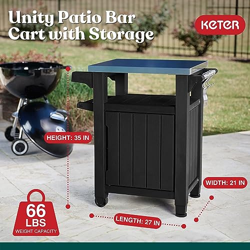 Keter Outdoor Rolling Table Cart for Food Prep, Storage, Bar & Grill, Dark Brown - Portable Kitchen Island Tabletop with Wheels for Drinks, Snacks