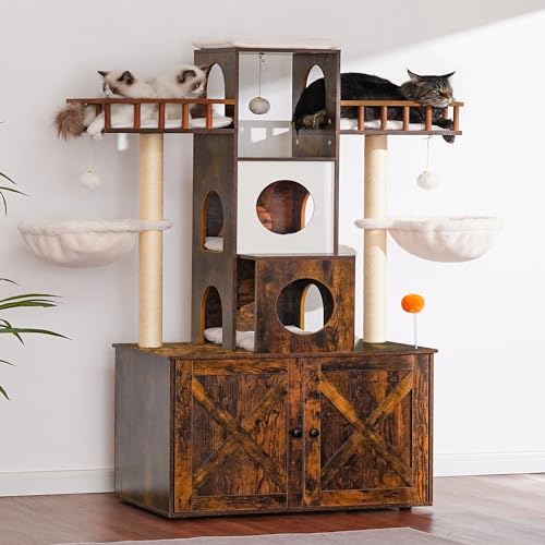Heybly Cat Tree with Litter Box Enclosure for Indoor Big Cat, Cat Tower for Large Cats 20 lbs Heavy Duty