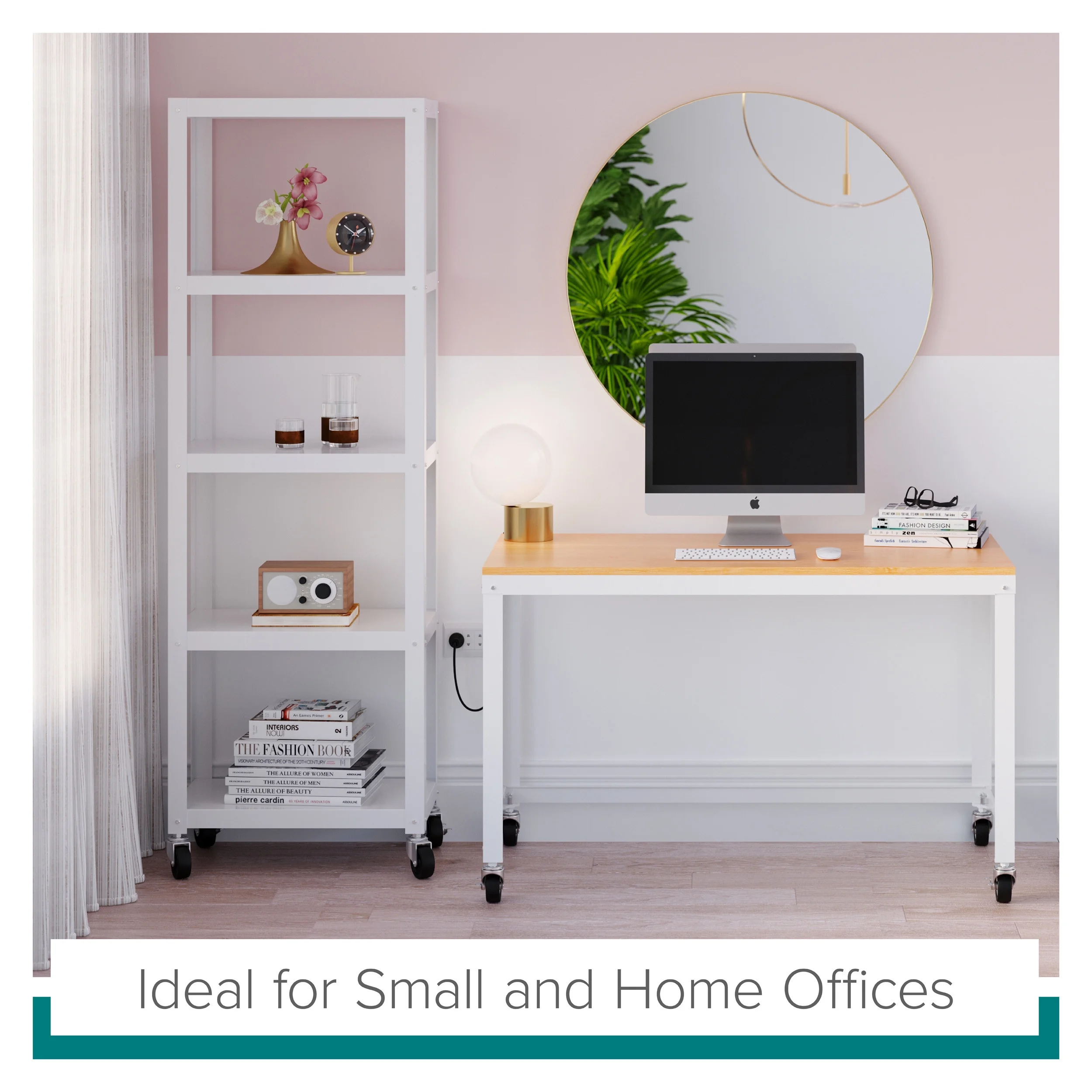 Space Solutions Ready-to-assemble 48-inch Wide Mobile Metal Desk with Laminate Top, White/Maple - Radiant Selections
