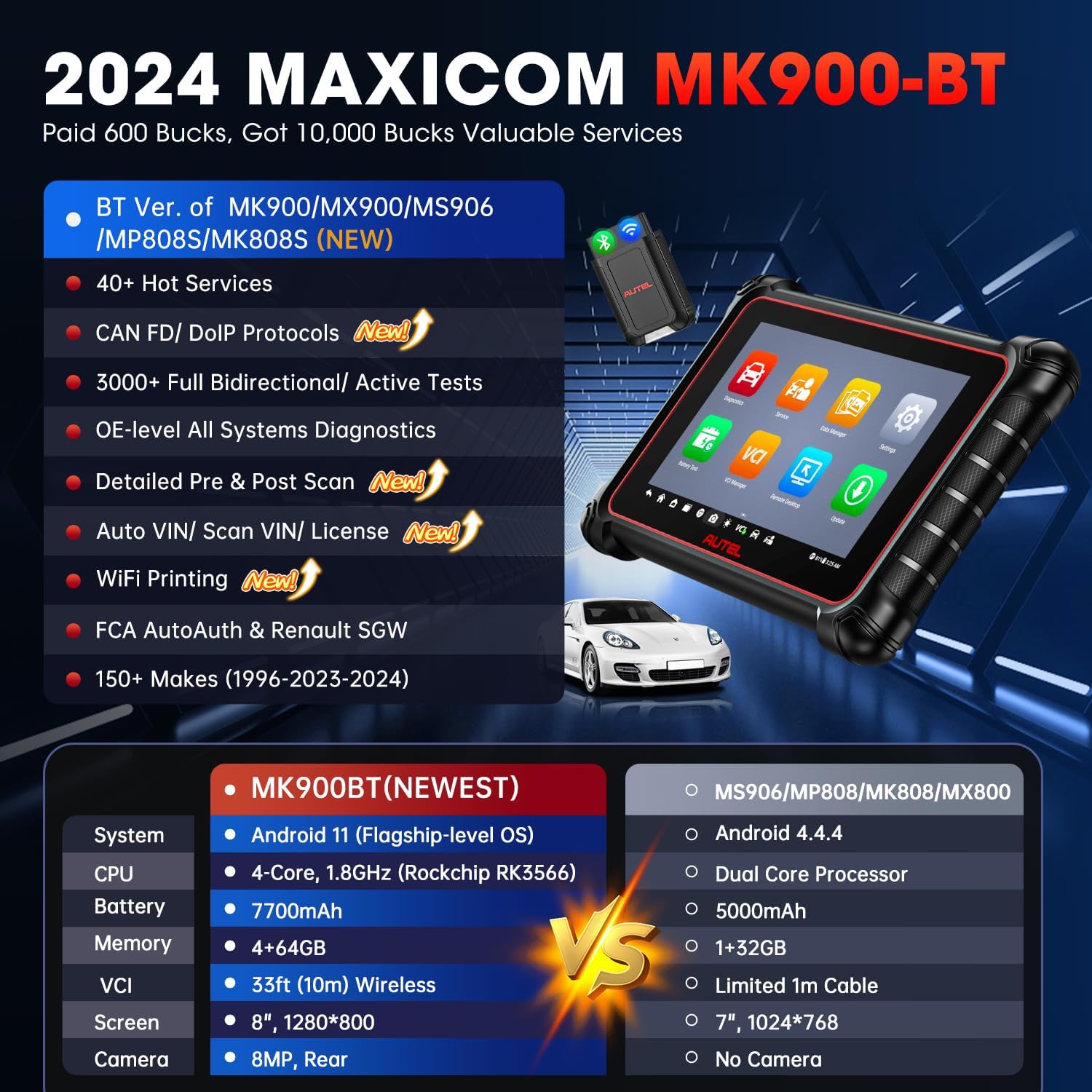 Autel Scanner MaxiCOM MK900-BT MK900BT: 2024 BT Ver. of MK900 MX900, 8in Up of MK808S MK808BT PRO MX808S MK808Z MS906