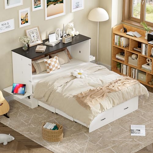 PAKASEPT Murphy Bed Queen, Bed Cabinet Frame with Storage & Charging Station, Murphy Cabinet Bed with Hidden Space for Bedroom/Guest Room