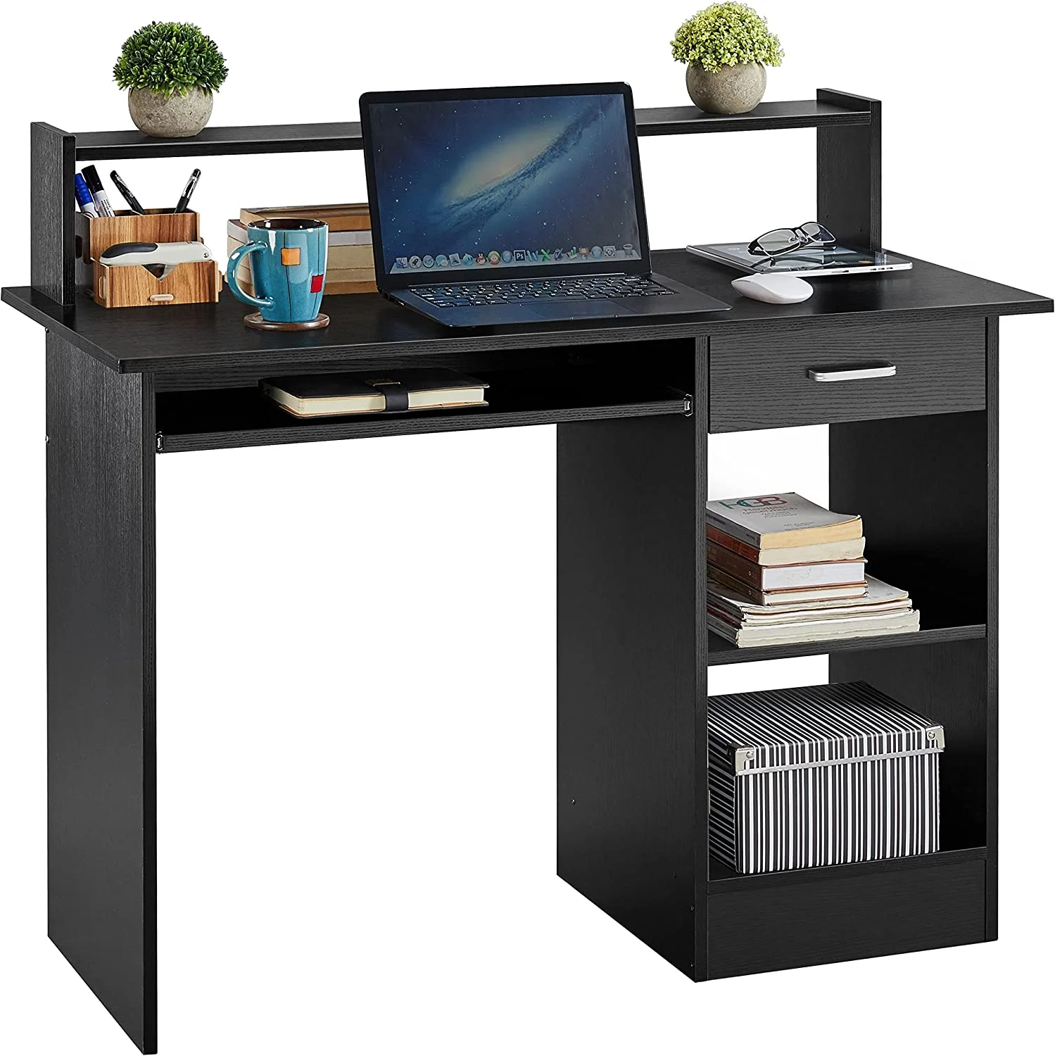 Home Office Wood Computer Desk with Keyboard Tray and Drawers, Students Writing Table with Storage Drawers & Hutch, Modern PC Laptop Desk
