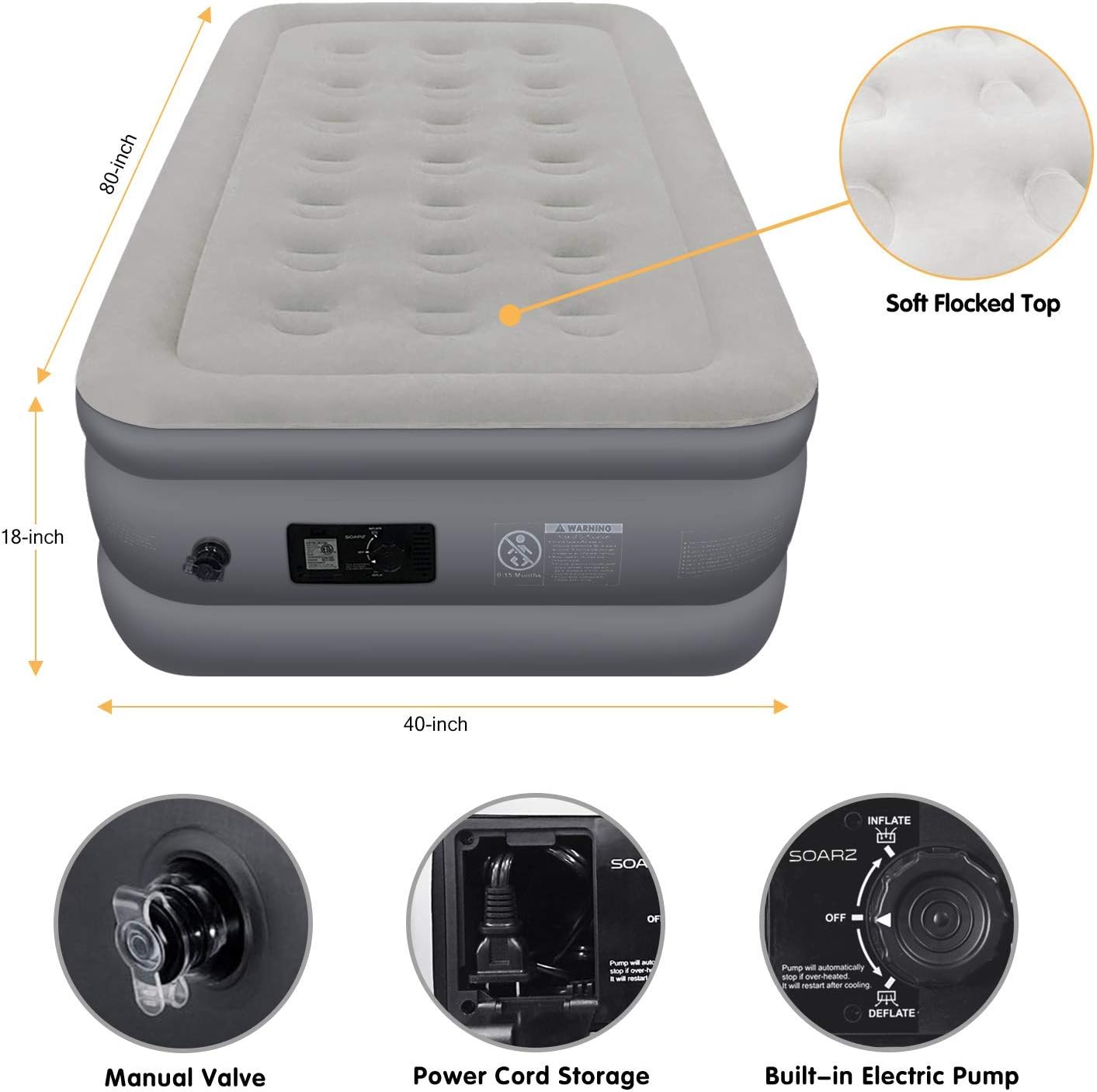 SOARZ Air Mattress Queen with Built-in Pump, Upgraded Double High Luxury Flocked Top Airbed for Home Camping Travel and Indoor Use