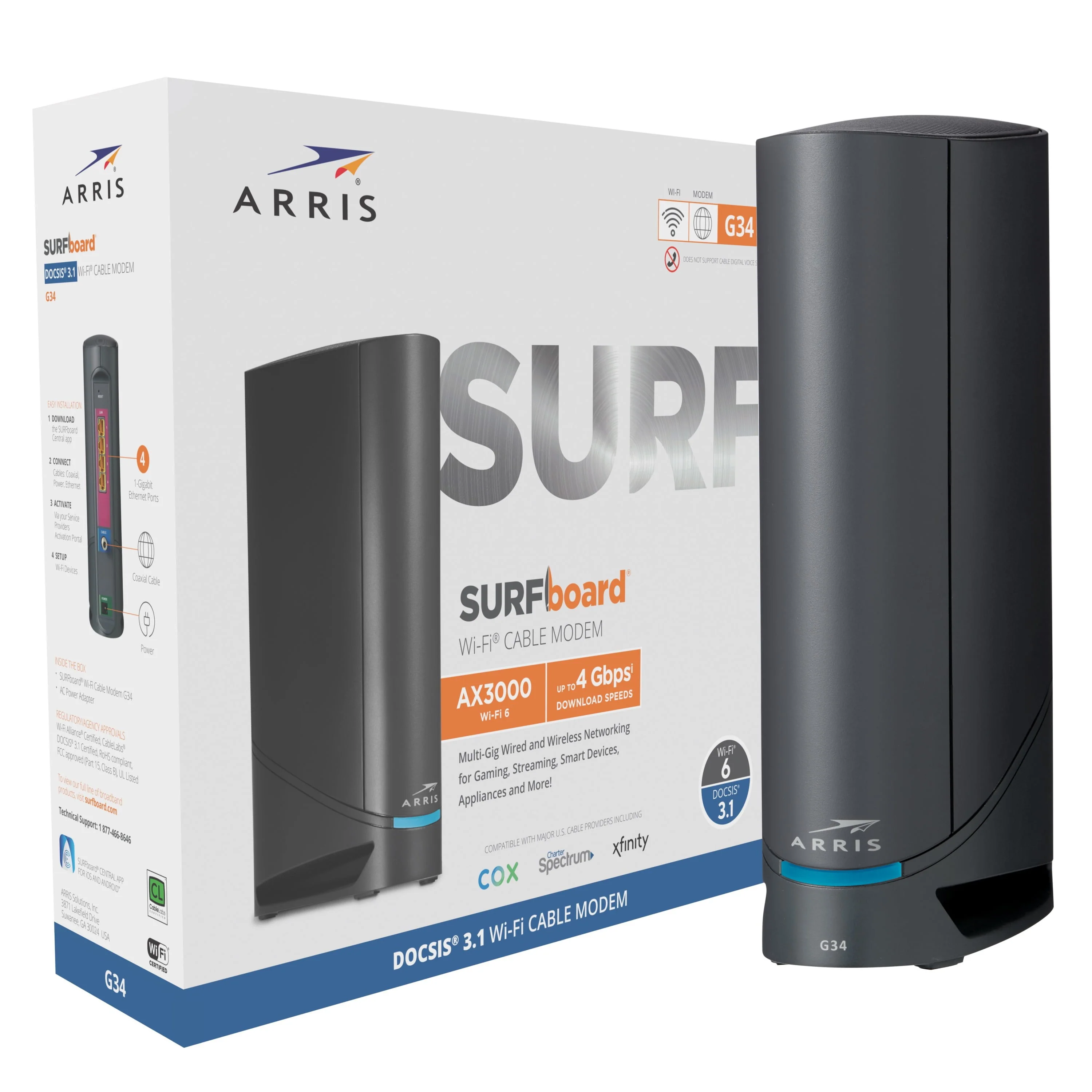 ARRIS Surfboard DOCSIS 3.1 Gigabit Cable Modem and AX3000 Wi-Fi 6 Router, Approved for Cox, Spectrum, Xfinity and Others, Wireless Technology