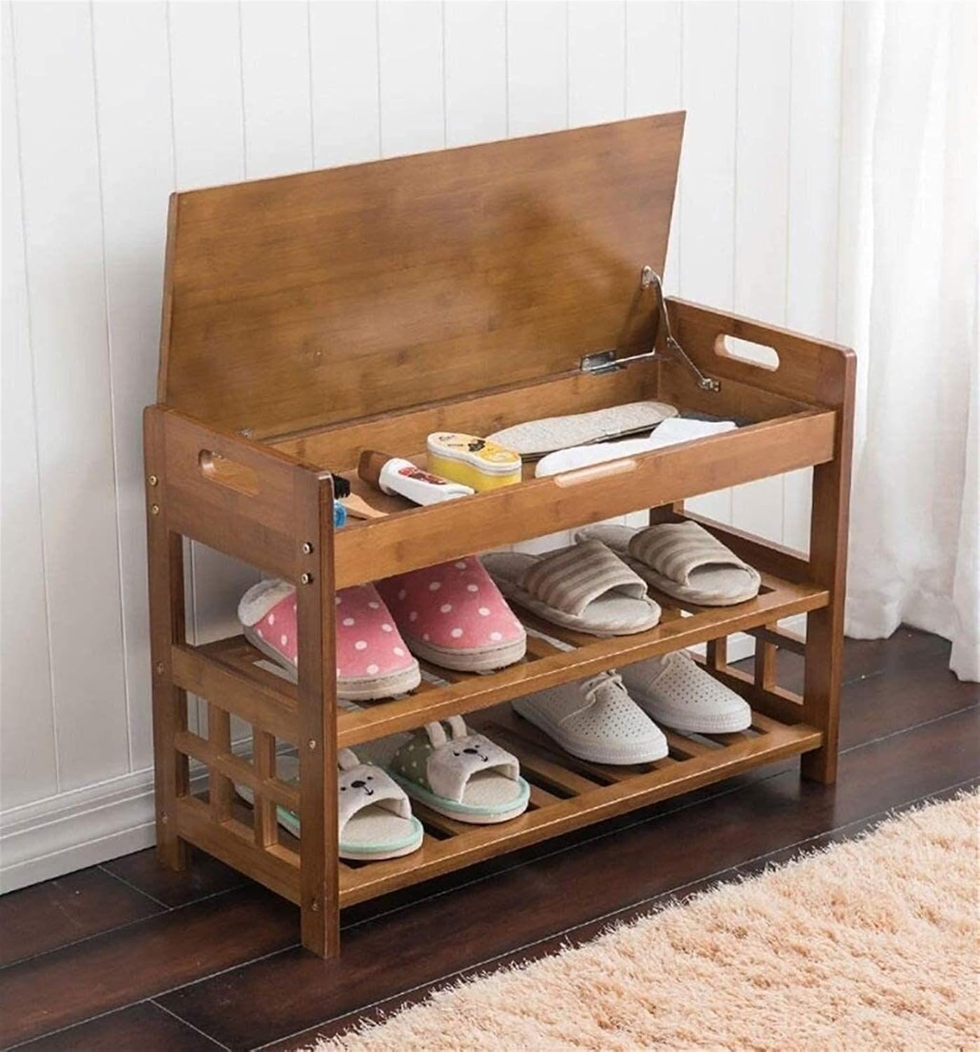 Home shoe cabinet Shoe Rack Shoe Rack in Natural Bamboo Wood Simple Rack Storage Rack Multilayer Change The Stool Multi Function Shelf Shoebox