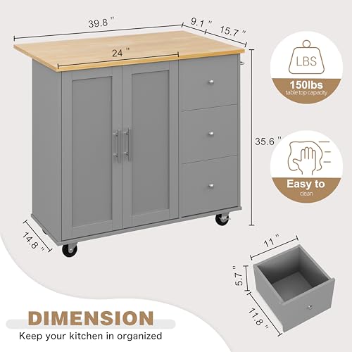 Shintenchi Rolling Kitchen Island Cart with Folding Drop Leaf Breakfast Bar, Portable Trolley Island with Large Storage Cabinet, Shelf and Drawer