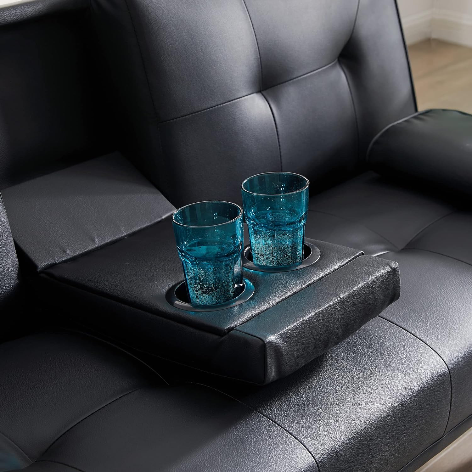 Black Faux Leather Loveseat Sofa Bed with Cup Holders, Convertible Folding Sleeper Couch Bed