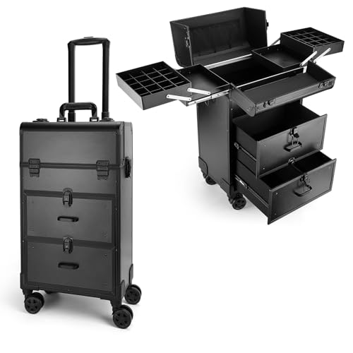 Yokilly Rolling Makeup Train Case, Professional Cosmetology Case on Wheels, Aluminum Cosmetic Trolley Travelling Cart Trunk with Swivel Wheels