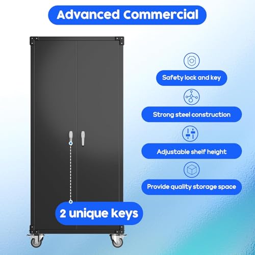Aobabo Garage Storage Cabinet with Wheels,72" H Metal Storage Cabinet with 2 Doors and 4 Adjustable Shelves for Garage Home, Black,Required-Assembly