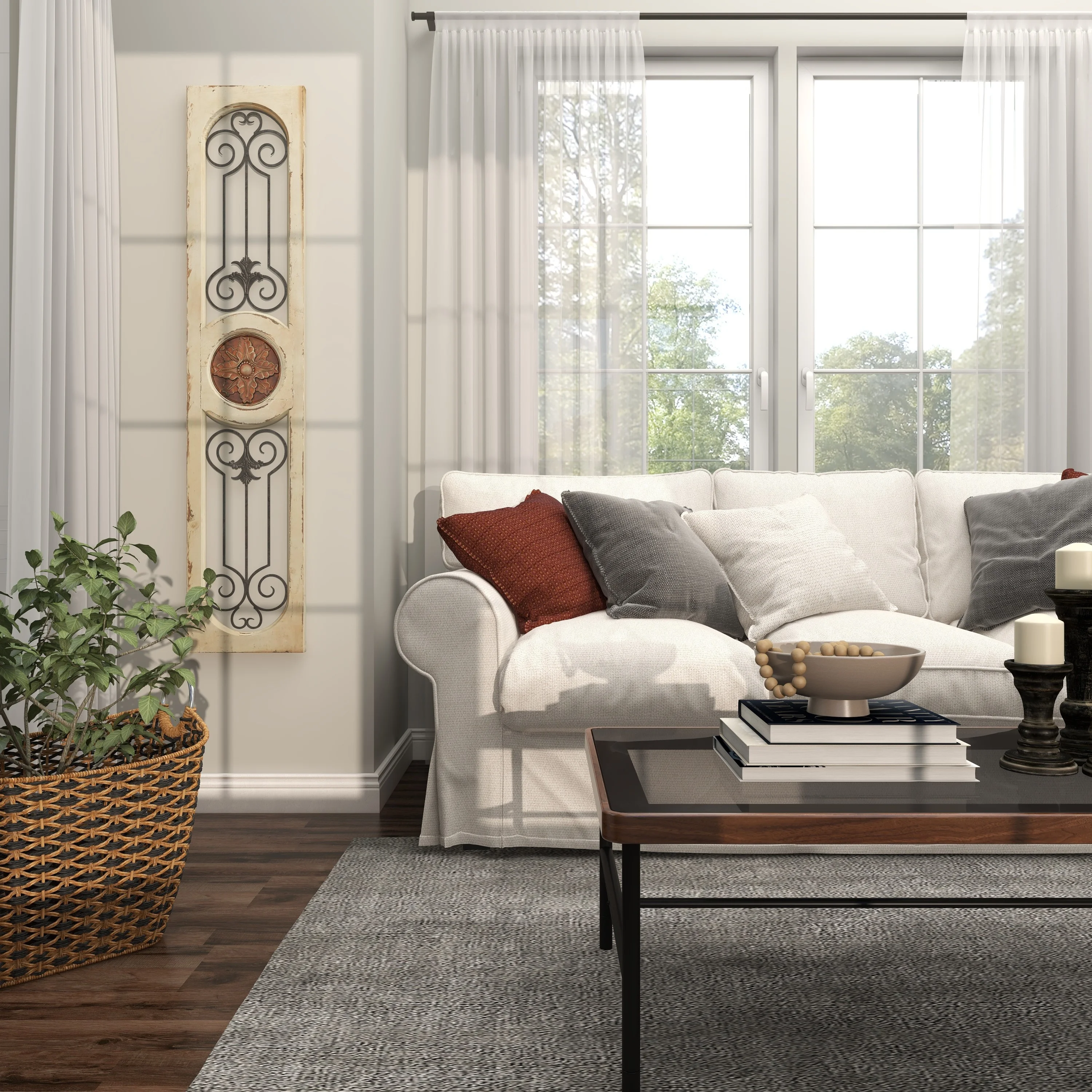DecMode White Wood Distressed Door Inspired Ornamental Scroll Wall Decor with Metal Wire Details