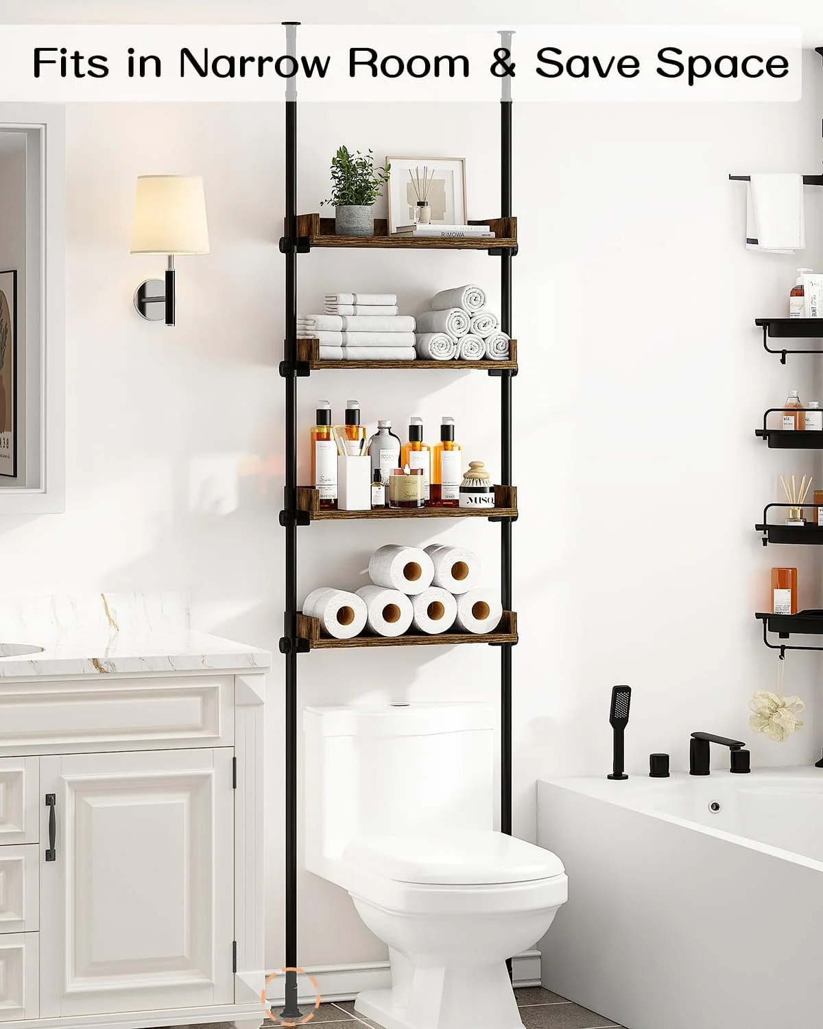 FJU Bathroom Organizer, Over The Toilet Storage, 4-Tier Adjustable Wood Shelves for Small Rooms, Saver Space Rack, 92 to 116 Inch Tall